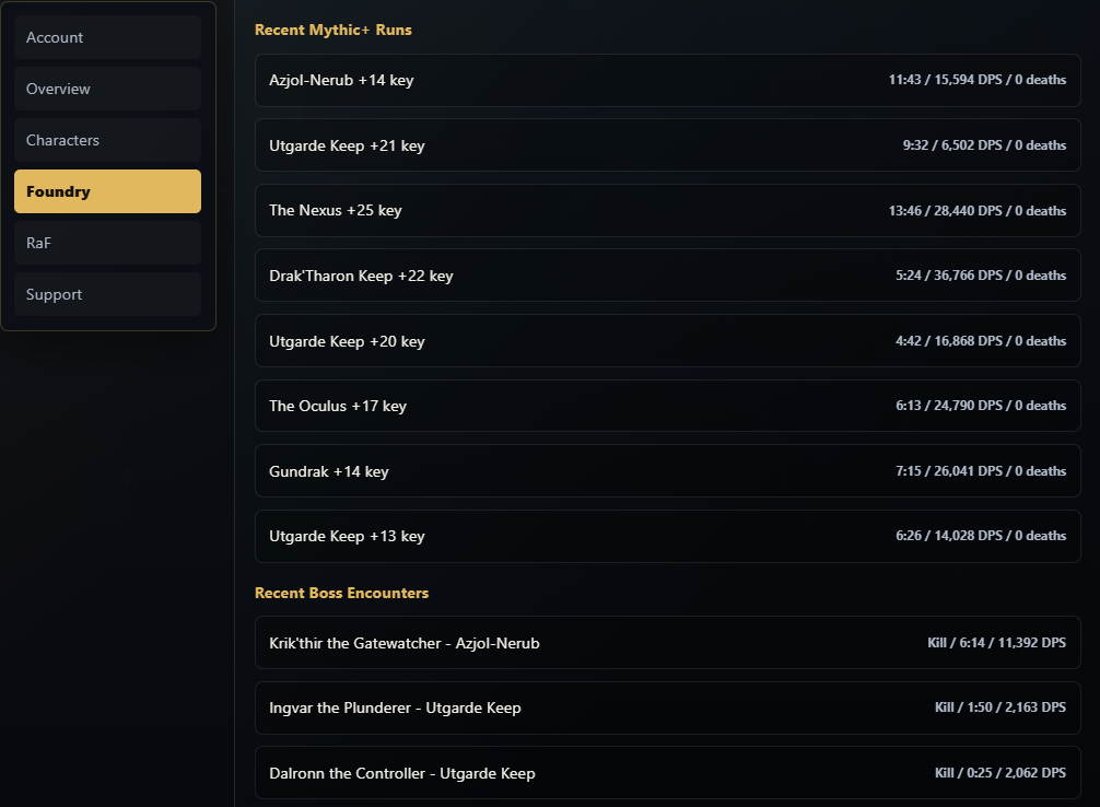 Recent Mythic+ runs list example
